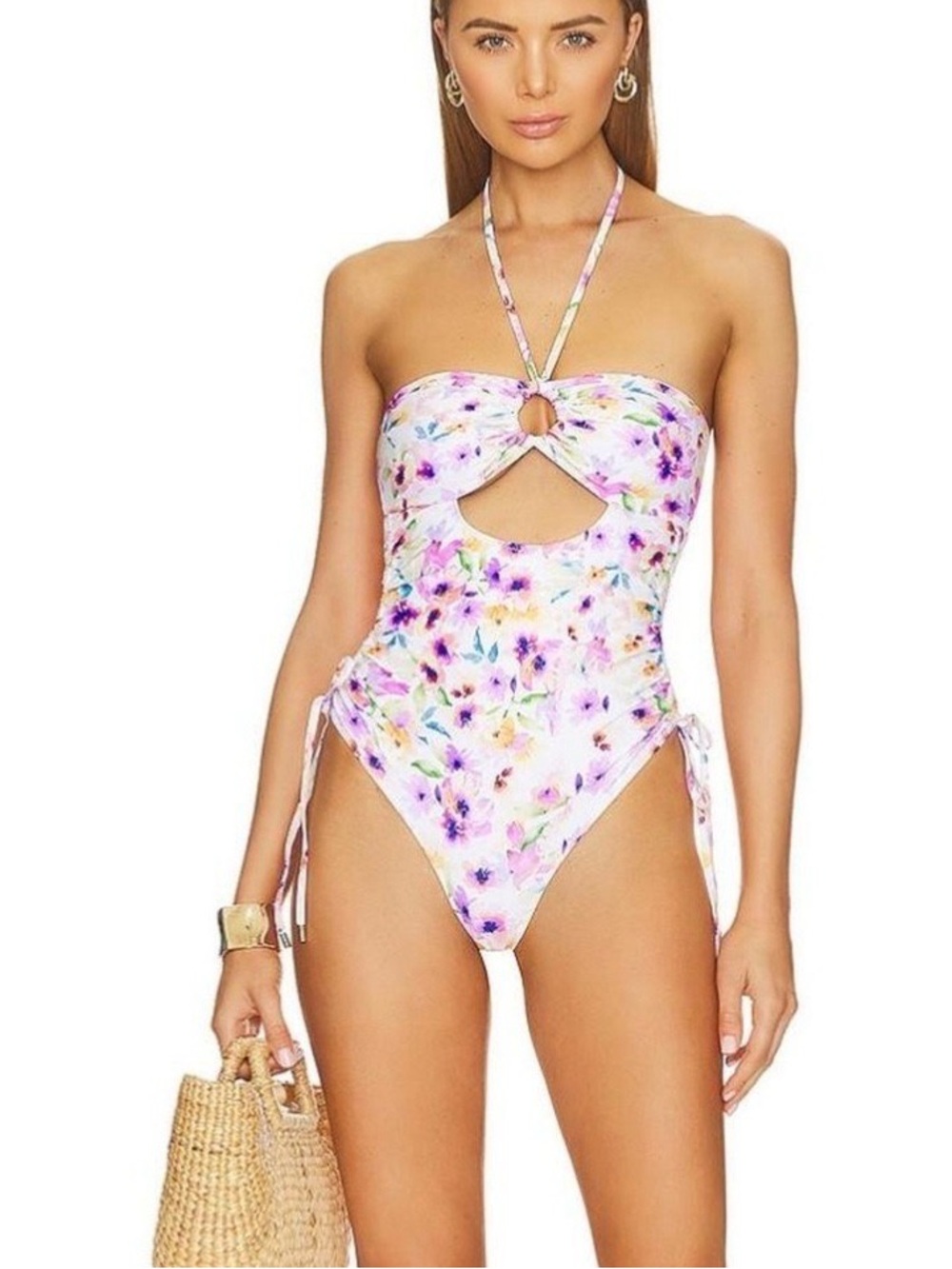 Tularosa White Floral One-Piece Swimsuit with Purple & Pink Blooms